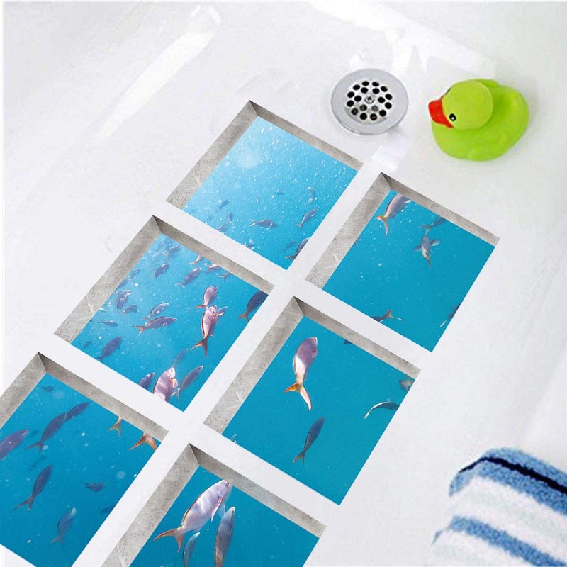 ChezMax Fish School Bath Treads Sticker Safety Non Slip Bath Tub Tattoos Tub Stickers Tub Decals Tub Appliques 6 Pcs 5.1" X 5.1" - Image 1